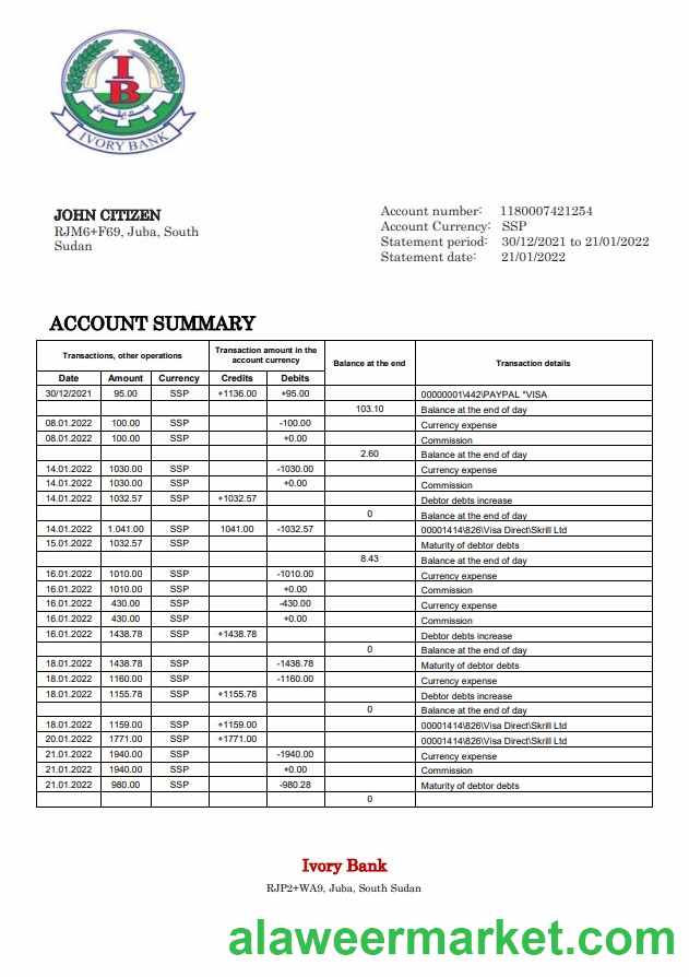 South Sudan Ivory Bank statement